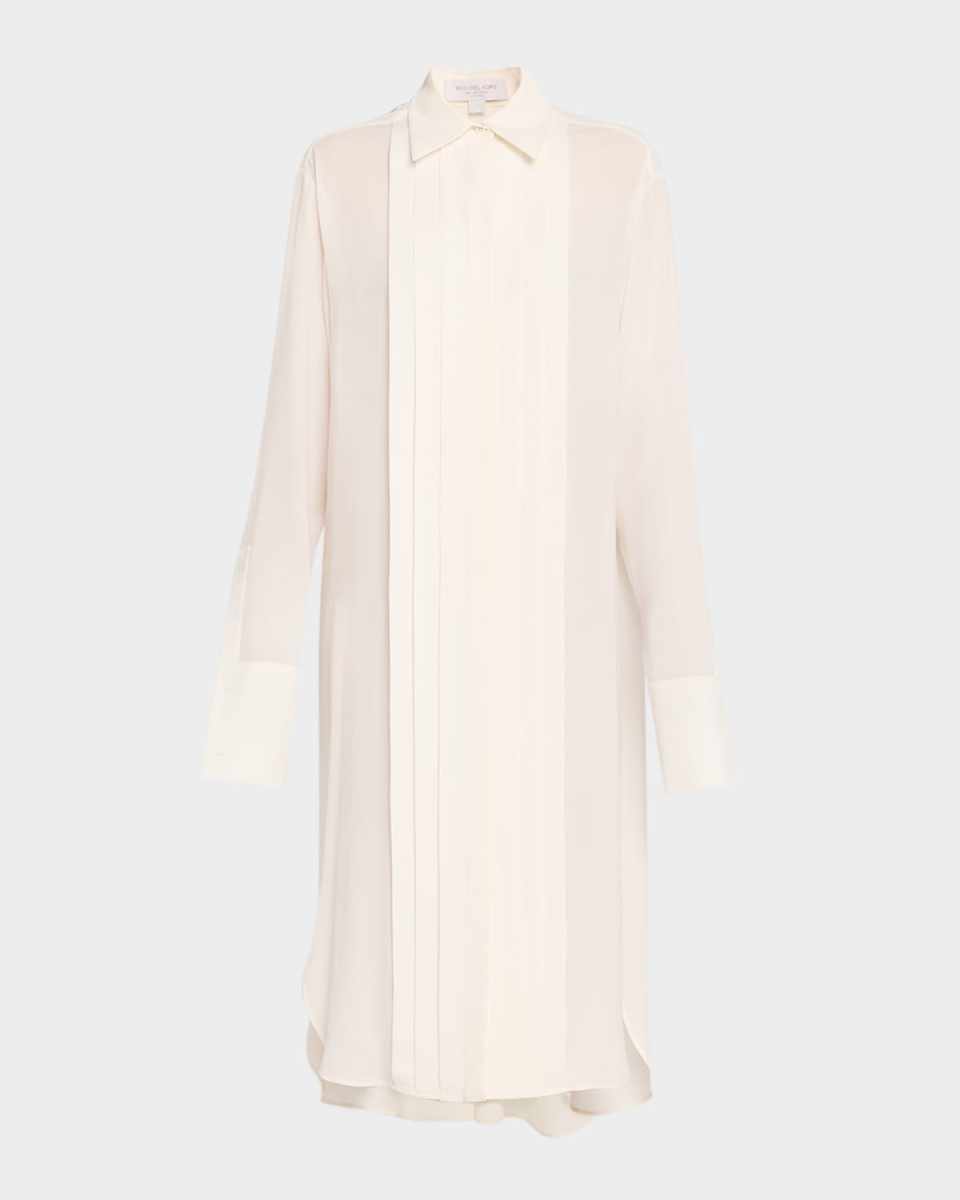 Pleated Placket Silk Georgette Midi Shirtdress